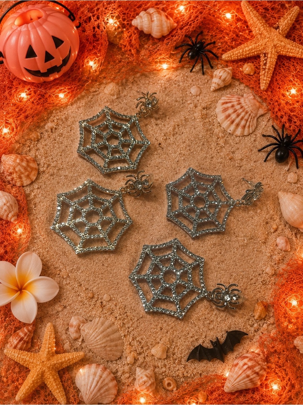 Summerween Sparkling Spiderweb Drop Earrings - Silver, Gold or Black Glitter